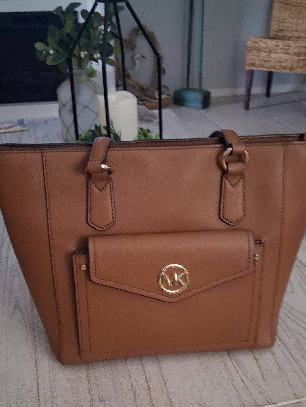 Michael Kors Cognac Leather Tote with Front Pocket and MK Medallion